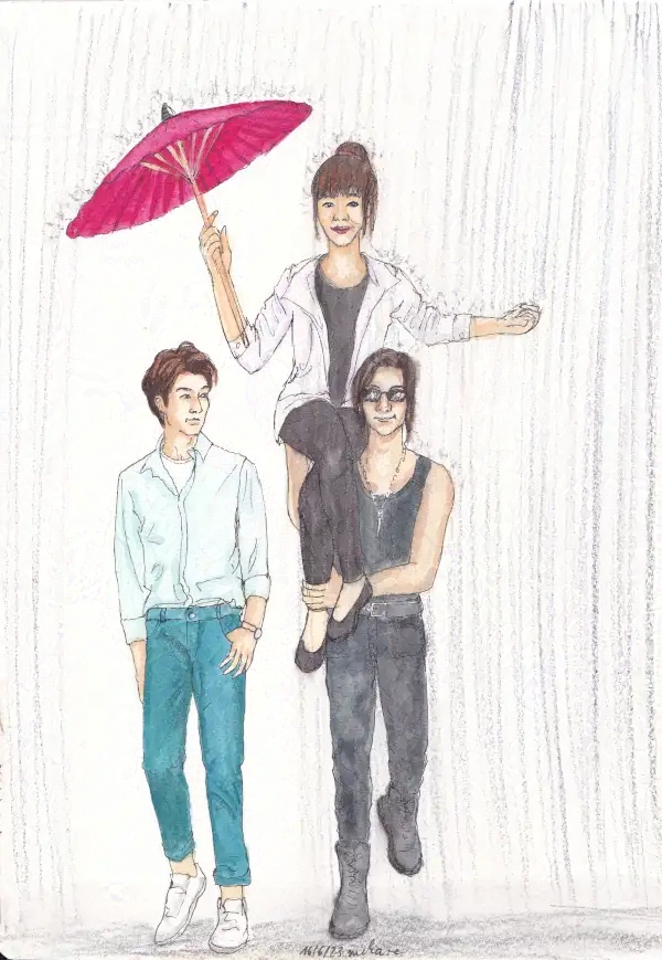 three people walking in the rain, a woman sitting on one man's shoulder holding an umbrella